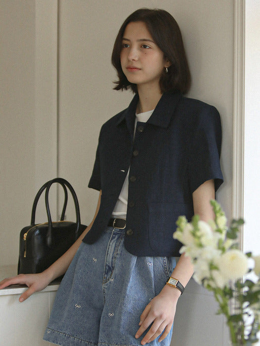[TILLIDIE] Check linen half sleeve jacket_Navy