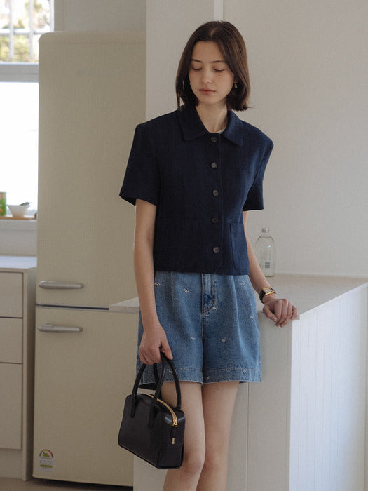 [TILLIDIE] Check linen half sleeve jacket_Navy
