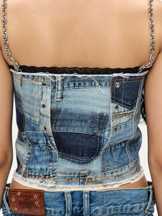 [andersson bell] (WOMEN) ALL-DENIM PRINTED BUSTIER TOP atb1124w(BLUE)