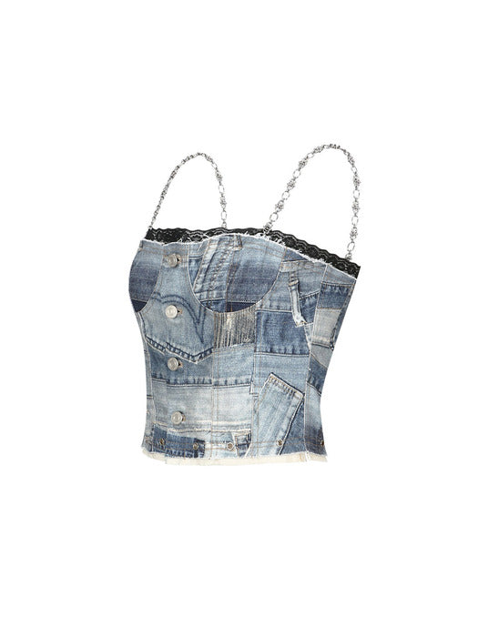 [andersson bell] (WOMEN) ALL-DENIM PRINTED BUSTIER TOP atb1124w(BLUE)