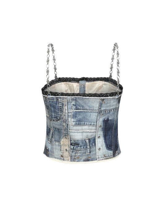 [andersson bell] (WOMEN) ALL-DENIM PRINTED BUSTIER TOP atb1124w(BLUE)