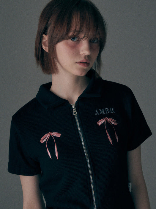 [ambler] More ribbon please Crop Collared Zip-up T-Shirts Knit ACZ201 (Black)