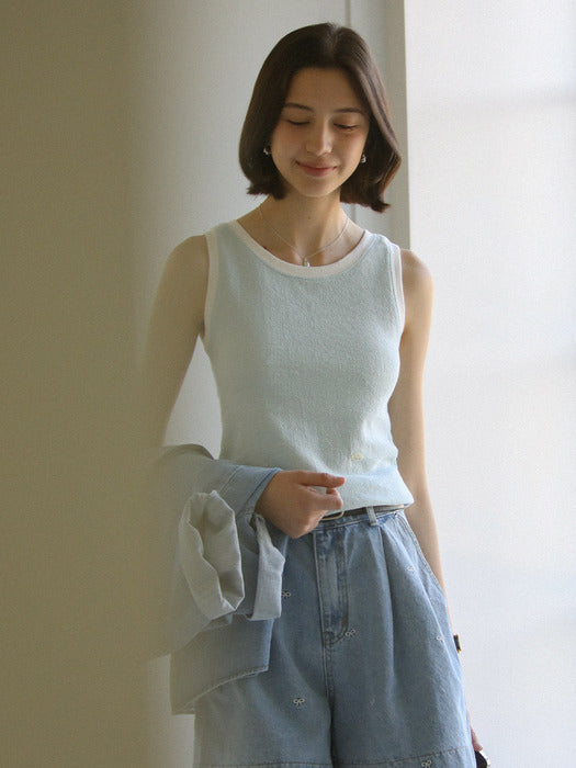 [TILLIDIE] Cotton contrast sleevelsee top_Blue