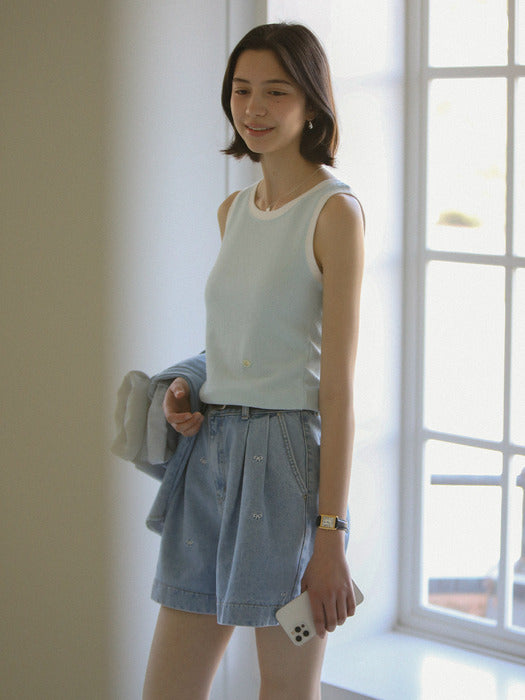 [TILLIDIE] Cotton contrast sleevelsee top_Blue
