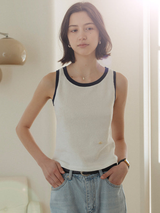 [TILLIDIE] Cotton contrast sleevelsee top_Ivory