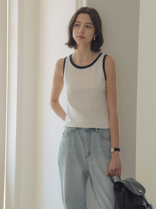 [TILLIDIE] Cotton contrast sleevelsee top_Ivory