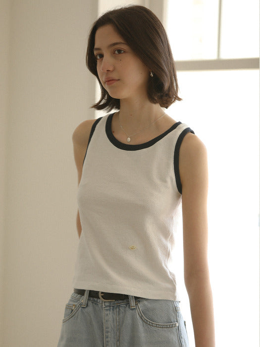 [TILLIDIE] Cotton contrast sleevelsee top_Ivory