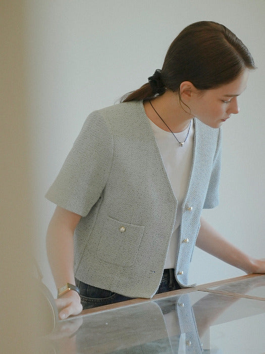 [TILLIDIE] Collarless pearl button summer tweed jacket_Sky blue