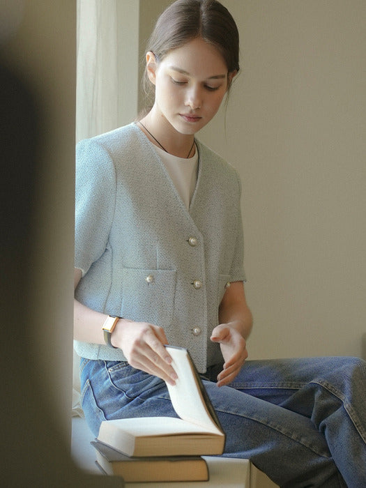 [TILLIDIE] Collarless pearl button summer tweed jacket_Sky blue