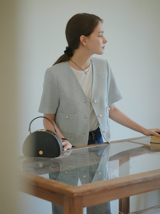 [TILLIDIE] Collarless pearl button summer tweed jacket_Sky blue