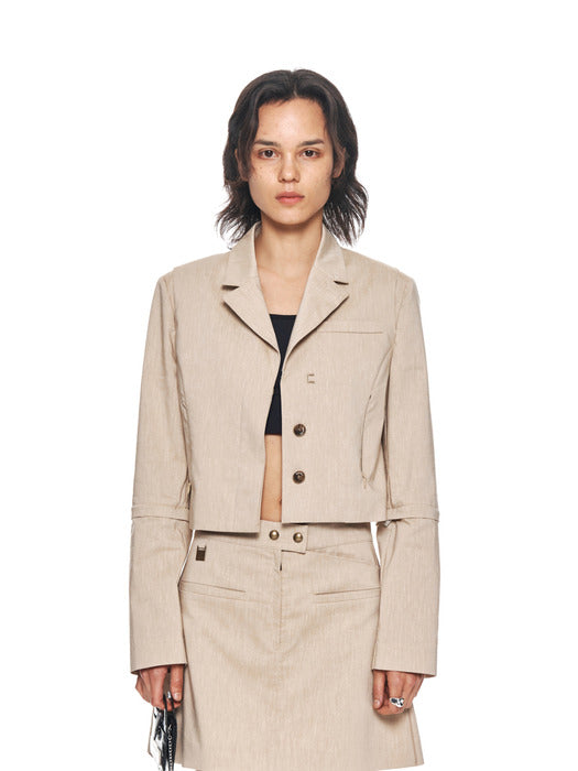 ZIPPER POINT LINEN CROP JACKET IN BEIGE