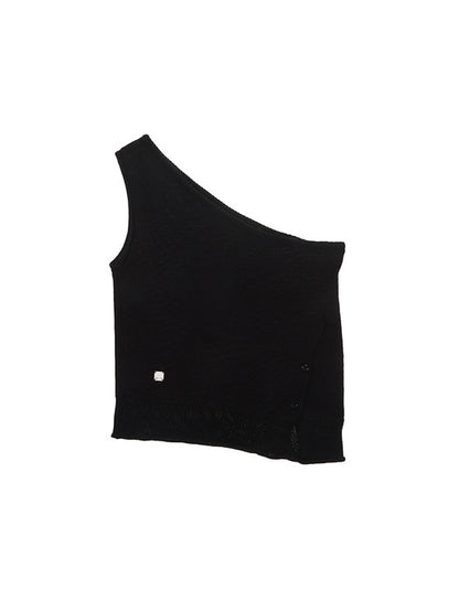 SIDE BUTTON ONE SHOULDER KNIT TOP IN BLACK