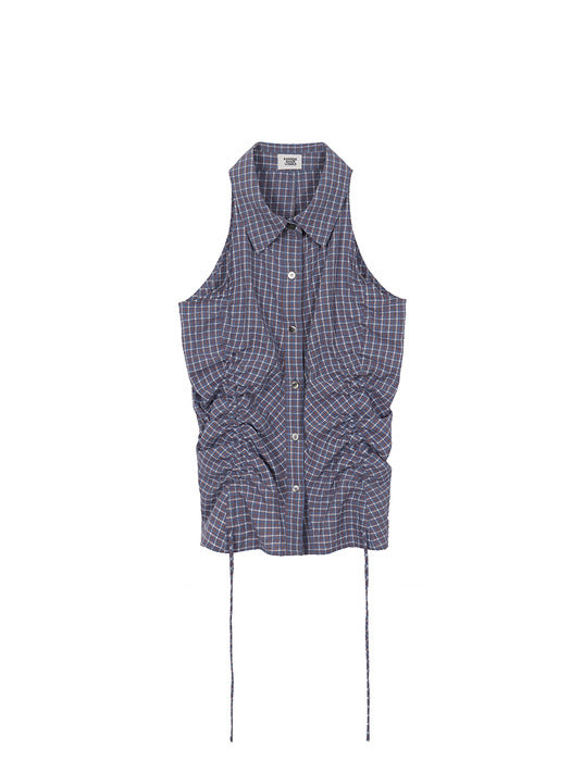 HALTERNECK SHIRRING SHIRT_blue