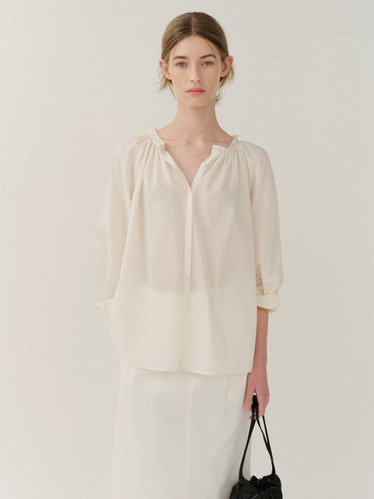[Kindersalmon] Gather Cotton Blouse Ivory