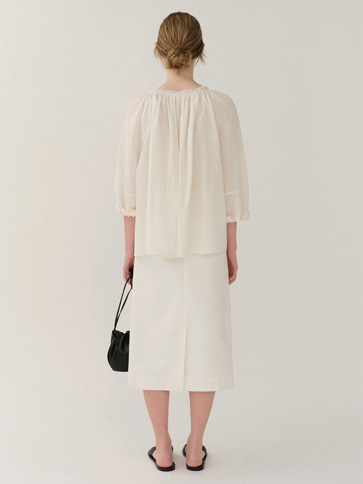 [Kindersalmon] Gather Cotton Blouse Ivory