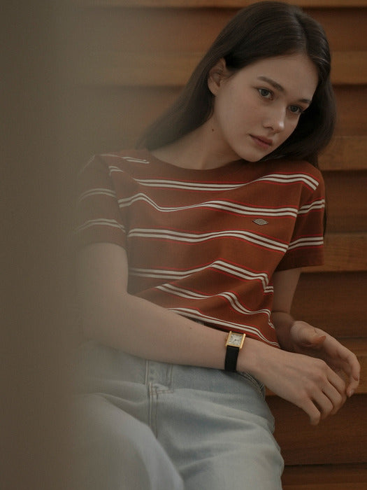 [TILLIDIE] Multi stripe cotton t-shirt_Brown