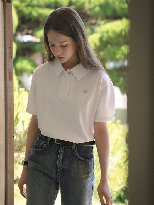 [TILLIDIE] Heart detail half sleeve pique t-shirt_White