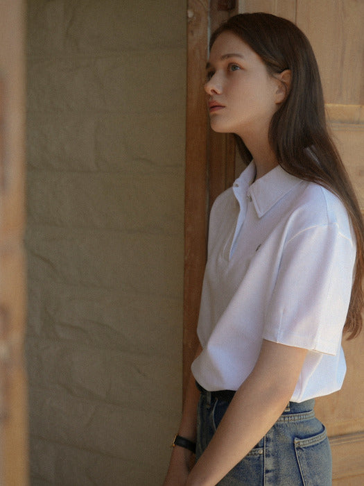 [TILLIDIE] Heart detail half sleeve pique t-shirt_White