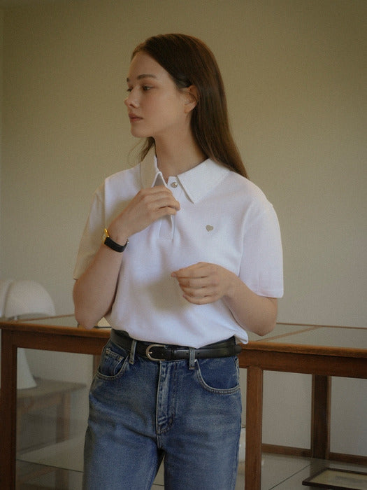 [TILLIDIE] Heart detail half sleeve pique t-shirt_White