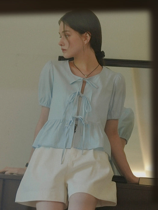 [TILLIDIE] Front ribbon point blouse_Sky blue