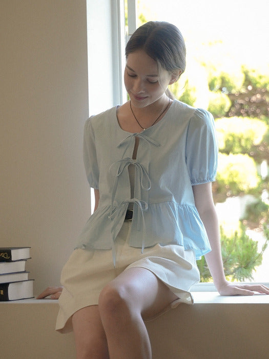 [TILLIDIE] Front ribbon point blouse_Sky blue