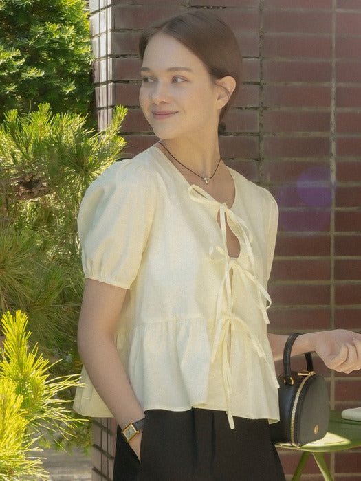 [TILLIDIE] Front ribbon point blouse_Light yellow