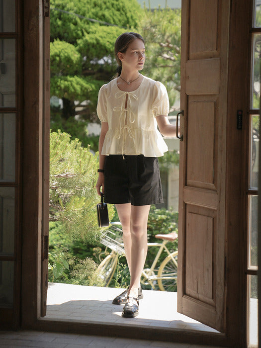 [TILLIDIE] Front ribbon point blouse_Light yellow