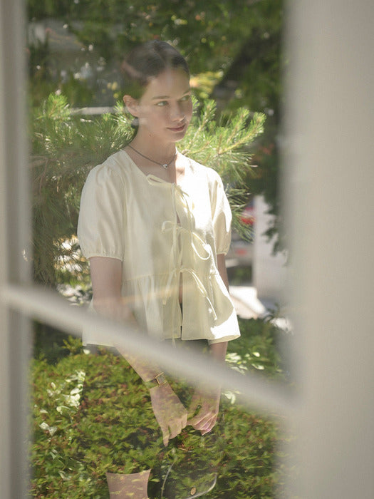 [TILLIDIE] Front ribbon point blouse_Light yellow