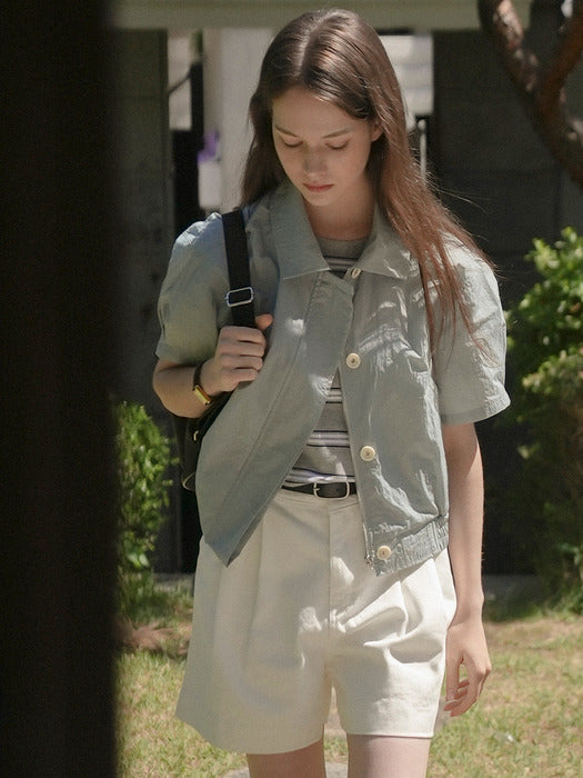 [TILLIDIE] Minimal collar half blouson_Dusty blue