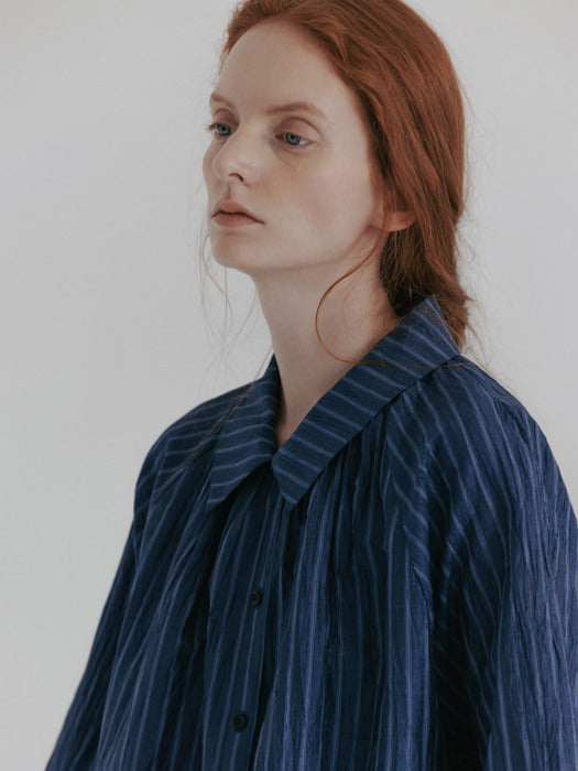 [moia] shirring shirt (blue stripe)