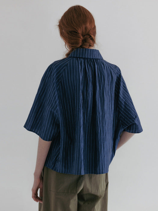 [moia] shirring shirt (blue stripe)