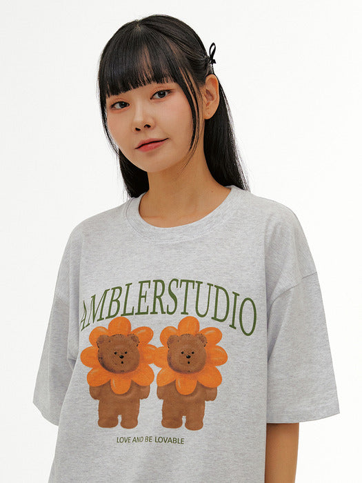 [ambler] Flower bear Over fit T-Shirts AS1120 (White-Melange)