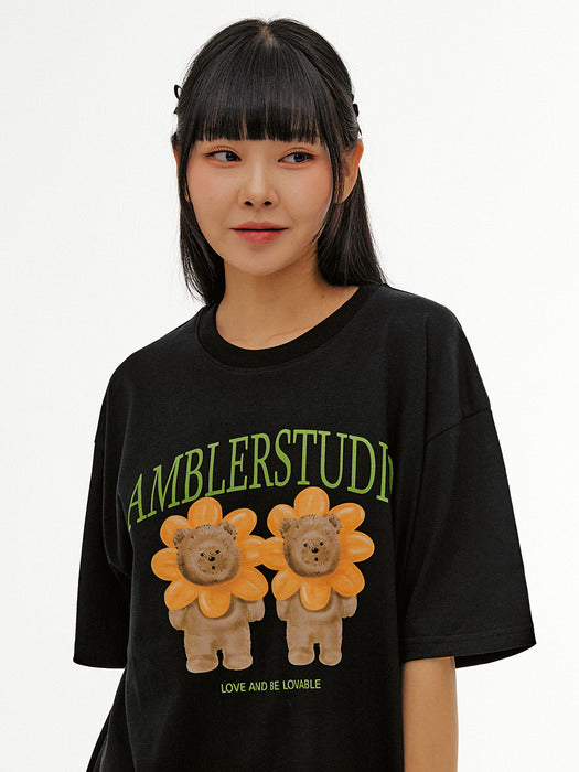 [ambler] Flower bear Over fit T-Shirts AS1120 (Black)