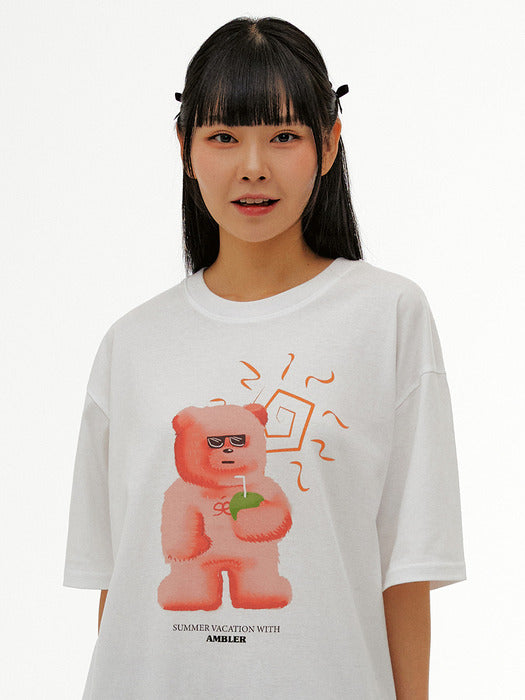 [ambler] Vacation bear Over fit T-Shirts AS1122 (White)