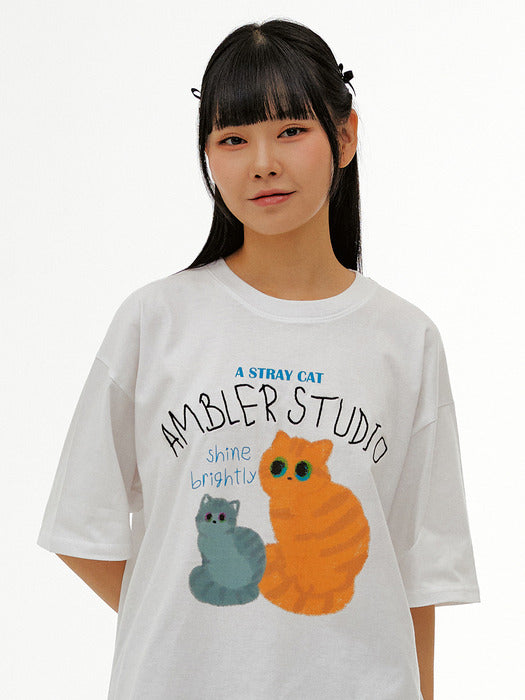 [ambler] Stray cat Over fit T-Shirts AS1124 (White)