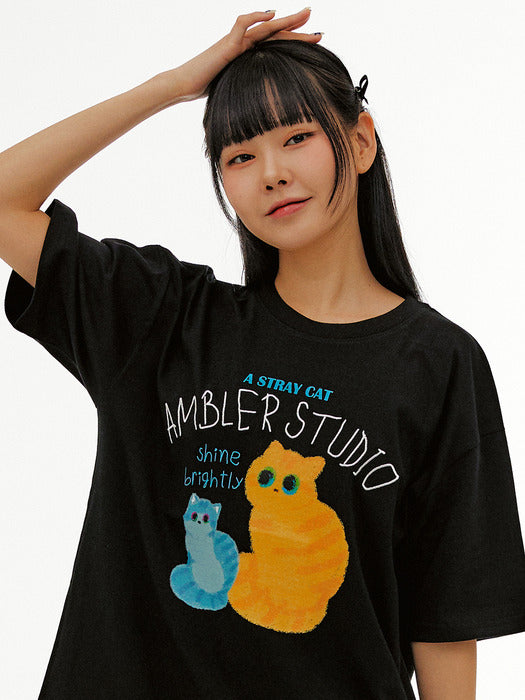 [ambler] Stray cat Over fit T-Shirts AS1124 (Black)