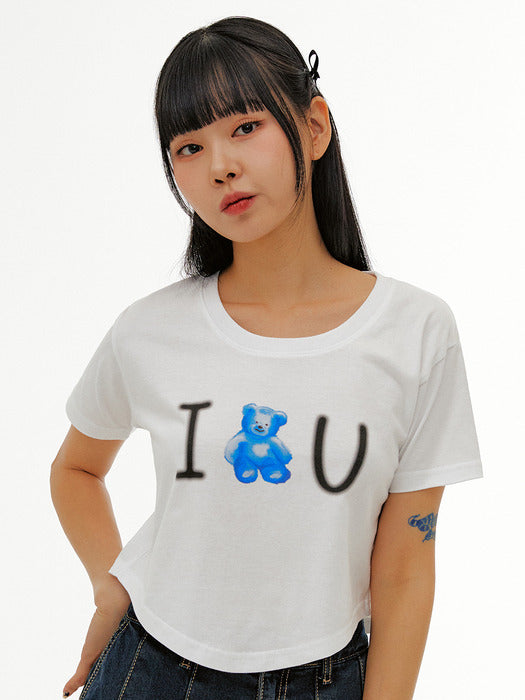 Ambler Blue bear, love u Crop T-Shirts (White)