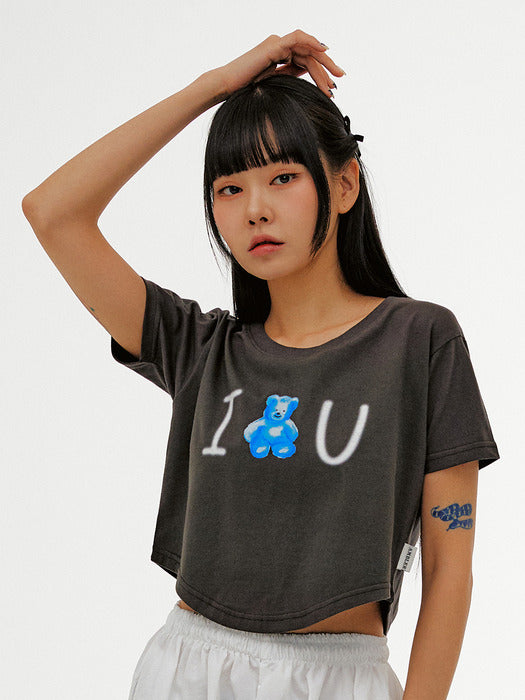 [ambler] Blue bear, love u Crop T-Shirts ACR505 (Dark-Gray)
