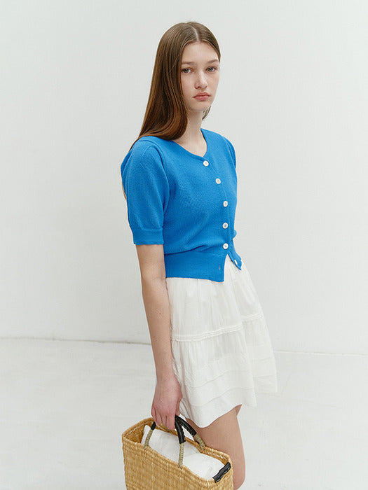 Dunst Scoop Neck Puff Sleeve Cardigan Blue