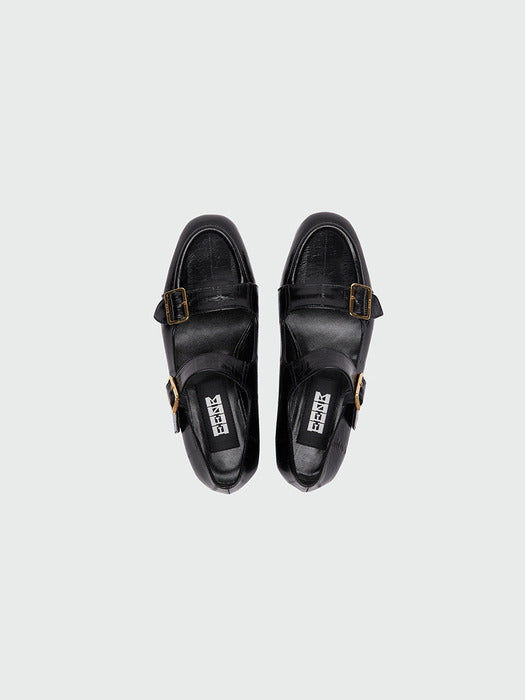 [EENK] Zouble Double Buckle Leather Loafer - Black