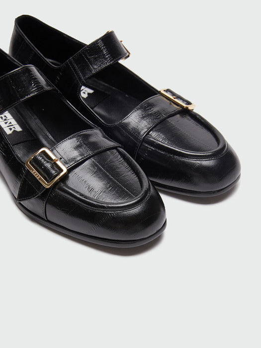[EENK] Zouble Double Buckle Leather Loafer - Black