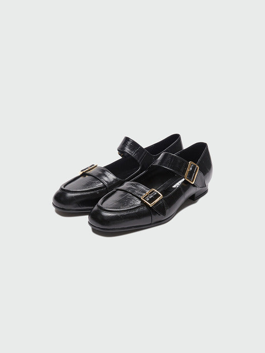 [EENK] Zouble Double Buckle Leather Loafer - Black