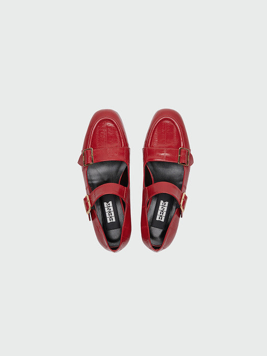 [EENK] Zouble Double Buckle Leather Loafer - Red