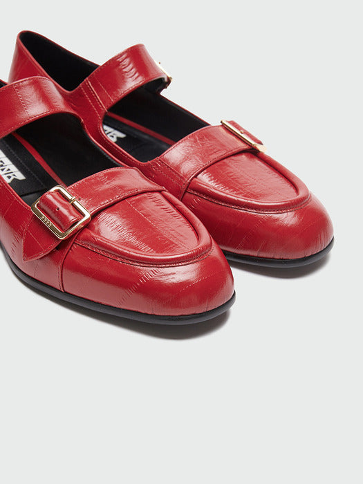[EENK] Zouble Double Buckle Leather Loafer - Red