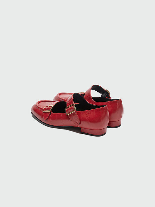 [EENK] Zouble Double Buckle Leather Loafer - Red