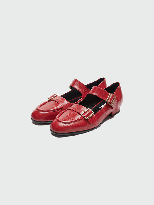 [EENK] Zouble Double Buckle Leather Loafer - Red