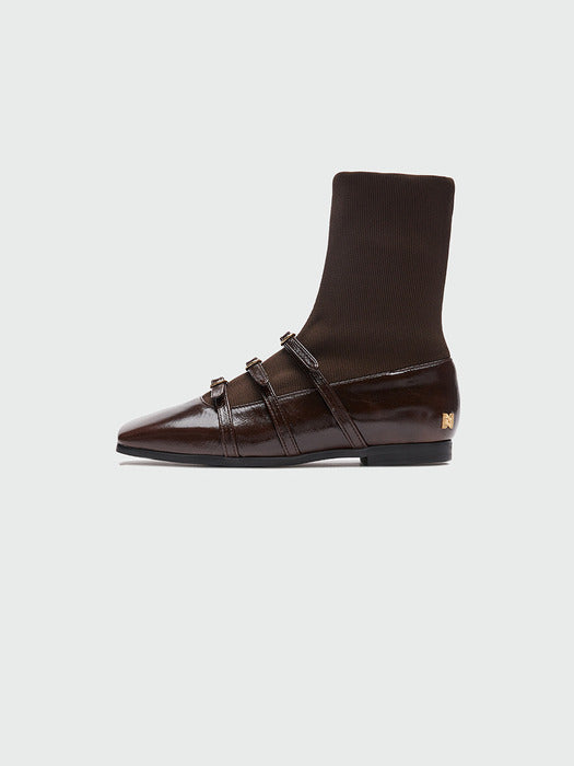 Eenk Zania Triple Buckle Square Toe Flat Boots - Brown