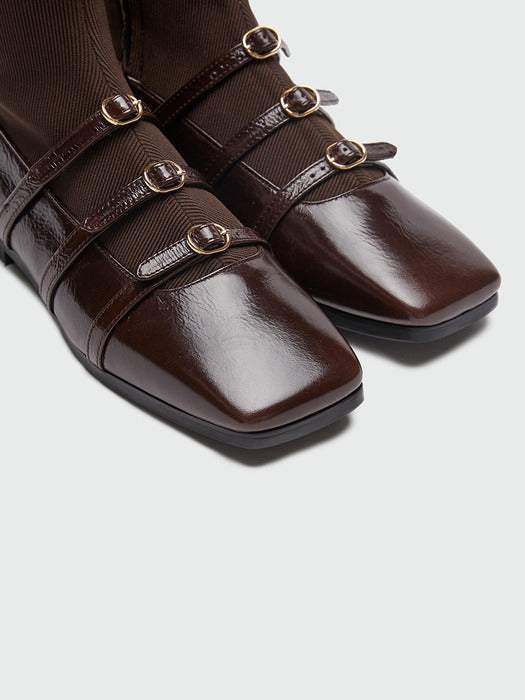 Eenk Zania Triple Buckle Square Toe Flat Boots - Brown
