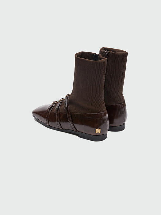 Eenk Zania Triple Buckle Square Toe Flat Boots - Brown