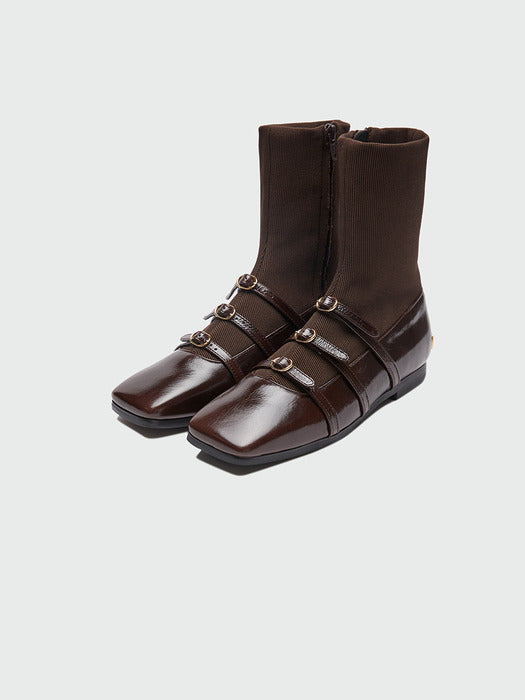 Eenk Zania Triple Buckle Square Toe Flat Boots - Brown